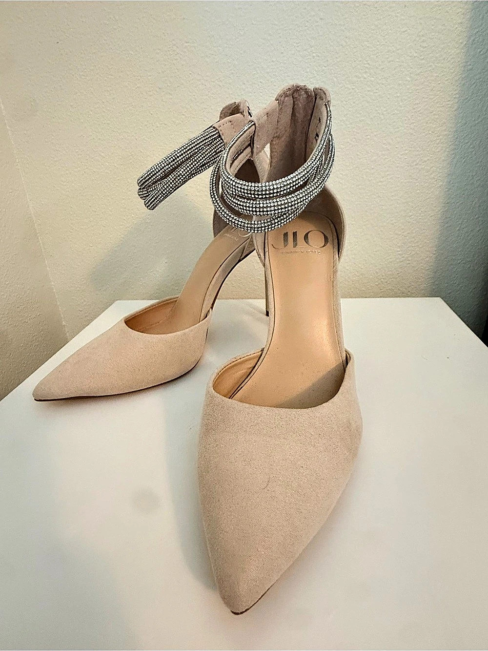 JLO Rhinestone Ankle Strap Heels Beige US 6M